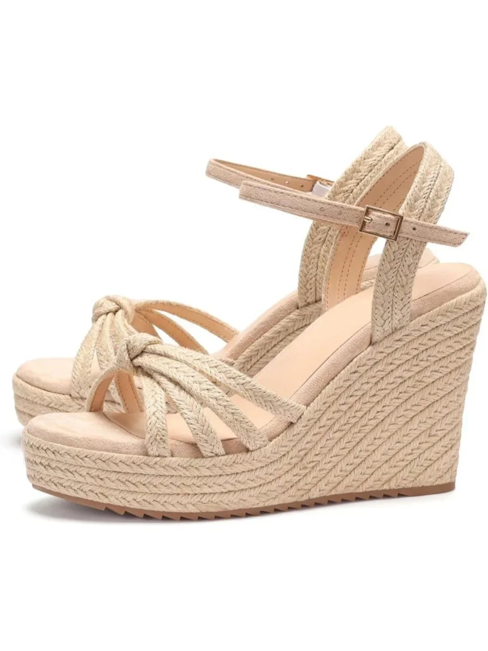 Women's Beige Espadrille Platform Wedge Sandals Open Toe Ankle Strap Heels